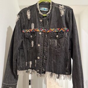 Black Distressed Denim Jacket with Colorful Embroidery